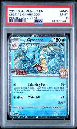2025 POKEMON DRI EN-DESTINED RIVALS PRERELEASE-STAFF #049 MISTY'S GYARADOS PSA 9 - Image 1