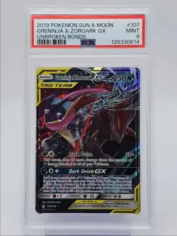 GRENINJA & ZOROAK GX 2019 POKEMON S&M UNBROKEN BONDS RARE 107/214 PSA 9 Q0004 - Image 1