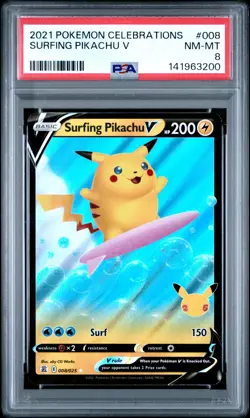 2021 POKEMON CELEBRATIONS #008 SURFING PIKACHU V PSA 8 - Image 1