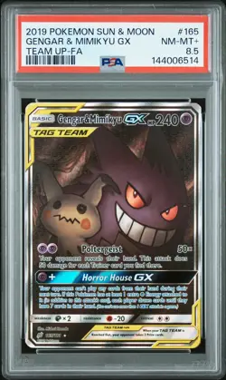 2019 POKEMON SUN & MOON TEAM UP #165 FULL ART/GENGAR & MIMIKYU GX PSA 8.5 - Image 1