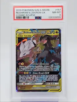 RESHIRAM & ZEKROM GX 2019 POKEMON COSMIC ECLIPSE RARE HOLO 157/236 PSA 8 Q0004 - Image 1