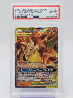 CHARIZARD & BRAIXEN GX 2019 POKEMON COSMIC ECLIPSE RARE HOLO 22 PSA 8 Q0004 - Image 1