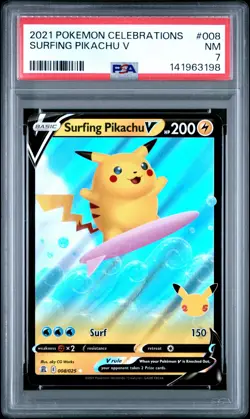 2021 POKEMON CELEBRATIONS #008 SURFING PIKACHU V PSA 7 - Image 1