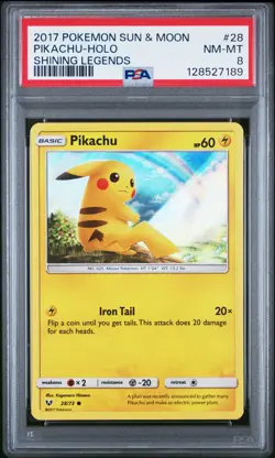 2017 POKEMON SUN & MOON SHINING LEGENDS #28 PIKACHU-HOLO PSA 8 - Image 1