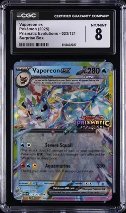 2025 POKEMON PRISMATIC EVOLUTIONS-SURPRISE BOX #023 VAPOREON EX CGC 8 - Image 1