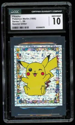 1998 Topps Pokemon Merlin Stickers SPECIAL GLITTER #S6 Pikachu ~ CGC 10 GEM - Image 1