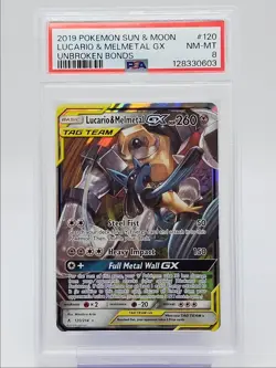 LUCARIO & MELMETAL GX 2019 POKEMON UNBROKEN BONDS RARE HOLO GX 120 PSA 8 Q0004 - Image 1
