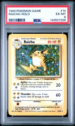 1999 POKEMON BASE SET UNLIMITED #14 RAICHU-HOLO PSA 6 - Image 1