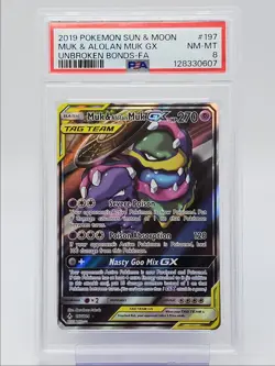 MUK & ALOLAN MUK GX 2019 POKEMON UNBROKEN BONDS RARE HOLO 197 PSA 8 Q0004 - Image 1