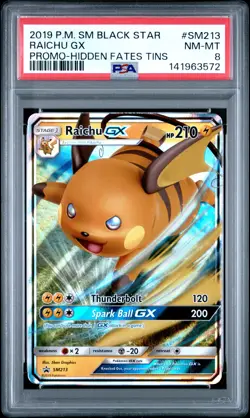 2019 POKEMON SM BLACK STAR PROMO HIDDEN FATES TINS #SM213 RAICHU GX PSA 8 - Image 1