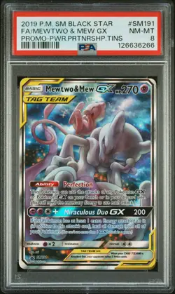 2019 POKEMON SM BLACK STAR PROMO #SM191 FULL ART/MEWTWO & MEW GX PSA 8 - Image 1