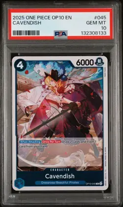 2025 One Piece OP10 En Royal Blood Cavendish #045 PSA 10 Gem Mint - Image 1