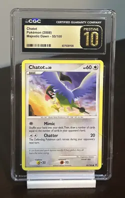 CGC 10 PRISTINE Pokemon Chatot 55/100 Majestic Dawn 2008 Card - Image 1