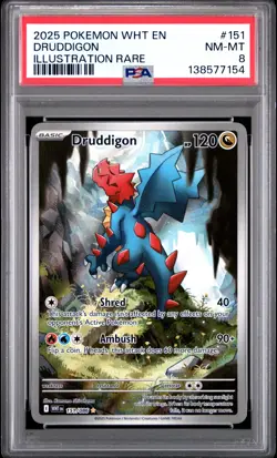 2025 POKEMON WHT EN-WHITE FLARE ILLUSTRATION RARE #151 DRUDDIGON PSA 8 - Image 1