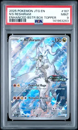 2025 POKEMON JTG ENHANCED BOOSTER BOX TOPPER #167 N'S RESHIRAM PSA 9 - Image 1