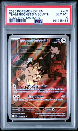 2025 POKEMON DESTINED RIVALS ILLUSTRATION RARE #203 TEAM ROCKET'S MEOWTH PSA 10 - Image 1
