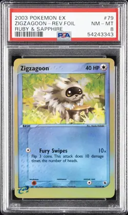 2003 POKEMON EX RUBY & SAPPHIRE #79 ZIGZAGOON-REVERSE FOIL PSA 8 - Image 1