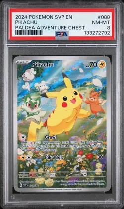 2024 POKEMON SVP EN-SV BLACK STAR PROMO PALDEA ADVENTURE CHEST PIKACHU PSA 8 - Image 1