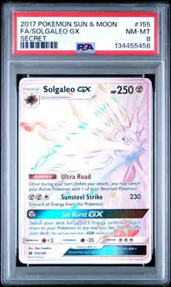 2017 POKEMON SUN & MOON SECRET #155 FULL ART/SOLGALEO GX PSA 8 - Image 1