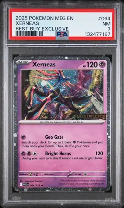 2025 POKEMON MEG EN-MEGA EVOLUTION BEST BUY EXCLUSIVE #064 XERNEAS PSA 7 - Image 1