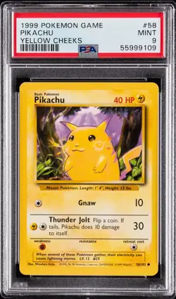 1999 POKEMON BASE SET UNLIMITED YELLOW CHEEKS #58 PIKACHU PSA 9 - Image 1