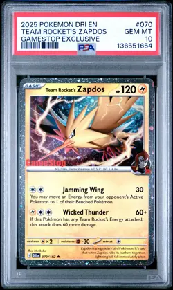 2025 POKEMON DESTINED RIVALS GAMESTOP EXCLUSIVE #070 TEAM ROCKET'S ZAPDOS PSA 10 - Image 1
