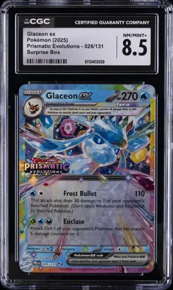 2025 POKEMON PRISMATIC EVOLUTIONS SURPRISE BOX #026 GLACEON EX CGC 8.5 - Image 1