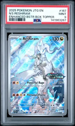 2025 POKEMON JTG ENHANCED BOOSTER BOX TOPPER #167 N'S RESHIRAM PSA 9 - Image 1