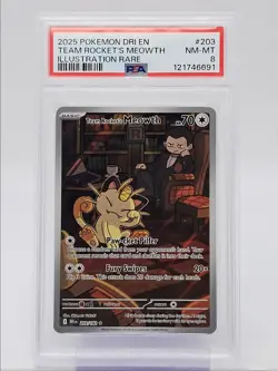 TEAM ROCKET'S MEOWTH 2025 POKEMON SV RIVALS ILLUSTRATION RARE 203 PSA 8 Q0004 - Image 1