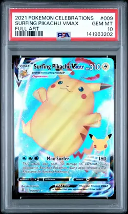 2021 POKEMON CELEBRATIONS #009 FULL ART/SURFING PIKACHU VMAX PSA 10 - Image 1