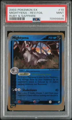 2003 POKEMON EX RUBY & SAPPHIRE #10 MIGHTYENA-REVERSE FOIL PSA 9 - Image 1