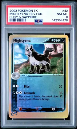 2003 POKEMON EX RUBY & SAPPHIRE #42 MIGHTYENA-REVERSE FOIL PSA 8 - Image 1
