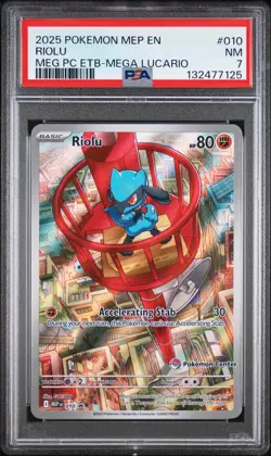 2025 POKEMON MEGA EVOLUTION POKEMON CENTER ETB PROMO #010 RIOLU PSA 7 - Image 1
