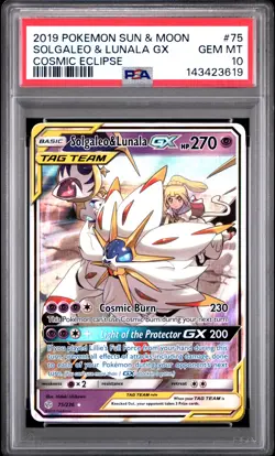 2019 POKEMON SUN & MOON COSMIC ECLIPSE #75 SOLGALEO & LUNALA GX PSA 10 - Image 1