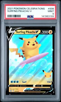 2021 POKEMON CELEBRATIONS #008 SURFING PIKACHU V PSA 9 - Image 1