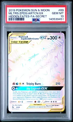 2019 POKEMON SM HIDDEN FATES #69 FULL ART/MOLTRES & ZAPDOS & ARTICUNO GX PSA 10 - Image 1