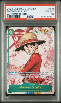 2025 ONE PIECE OP13-CARRYING ON HIS WILL ALTERNATE ART 118 MONKEY D LUFFY PSA 10 - Image 1