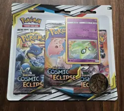 2019 POKEMON SUN & MOON COSMIC ECLIPSE 3 PACK W/ CELEBI SEALED BLISTER *ERROR* - Image 1