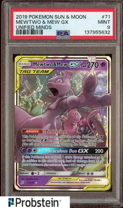 2019 Pokemon Sun & Moon Unified Minds #71 Mewtwo & Mew GX PSA 9 MINT - Image 1