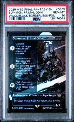 2025 MTG FINAL FANTASY WOODBLOCK BORDERLESS-FOIL SUMMON: PRIMAL ODIN PSA 10 - Image 1