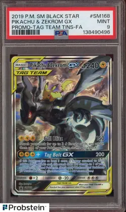 2019 Pokemon Sun & Moon Black Star Promo TAG Team Tins Pikachu & Zekrom GX PSA 9 - Image 1