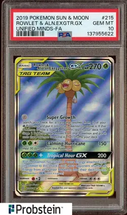 2019 Pokemon Sun & Moon Unified Minds FA #215 Rowlet & Alolan Exeggutor PSA 10 - Image 1