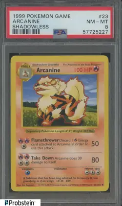 1999 Pokemon Game Shadowless #23 Arcanine PSA 8 NM-MT - Image 1