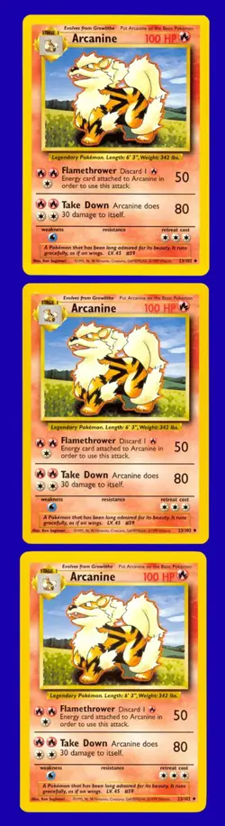 LOT of (3) 1999 Pokemon Game Base Set Arcanine 23/102 - RARE - Mint to Gem Mint - Image 1