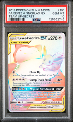 2019 POKEMON SUN & MOON TEAM UP SECRET # 191 FULL ART EEVEE & SNORLAX GX PSA 10 - Image 1