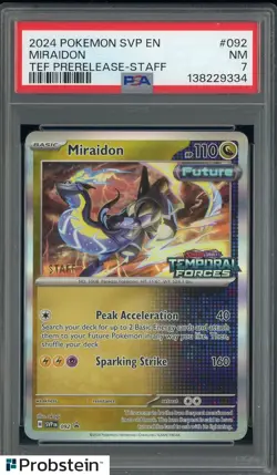2024 Pokemon SVP En TEF Prerelease Staff #092 Miraidon PSA 7 NM - Image 1