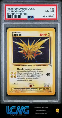 1999 Pokemon Fossil TCG Card #15 Zapdos Holo Corrected Foil PSA 8 - Image 1