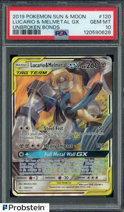 2019 Pokemon Sun & Moon Unbroken Bonds #120 Lucario & Melmetal GX PSA 10 - Image 1