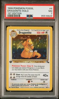 1999 Pokemon Fossil Dragonite #4 1ST Edition PSA 7 - Image 1