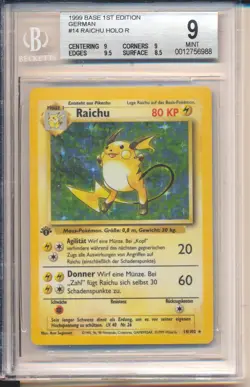Base Set 1st Edition Raichu 14/102 Holo 1999 BGS 9 Mint German Pokemon - Image 1